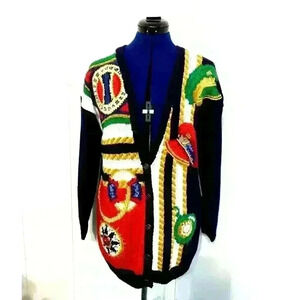 Vintage Marisa Christina Cardigan Nautical Rare Hand Knit Blue Medium Grandma